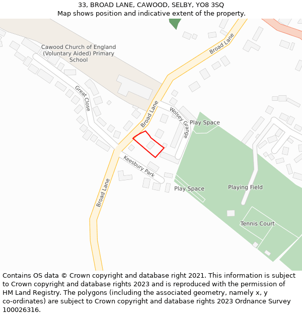 33, BROAD LANE, CAWOOD, SELBY, YO8 3SQ: Location map and indicative extent of plot