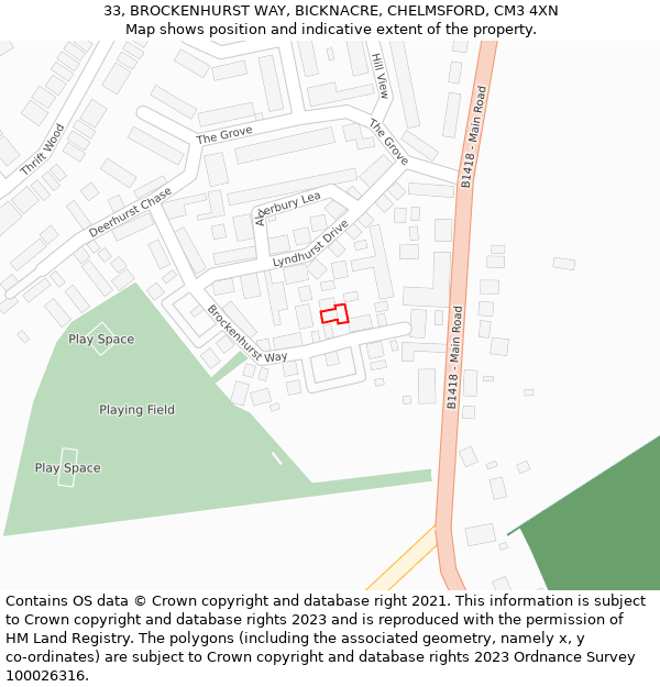 33, BROCKENHURST WAY, BICKNACRE, CHELMSFORD, CM3 4XN: Location map and indicative extent of plot