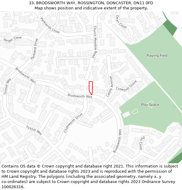 33, BRODSWORTH WAY, ROSSINGTON, DONCASTER, DN11 0FD: Location map and indicative extent of plot