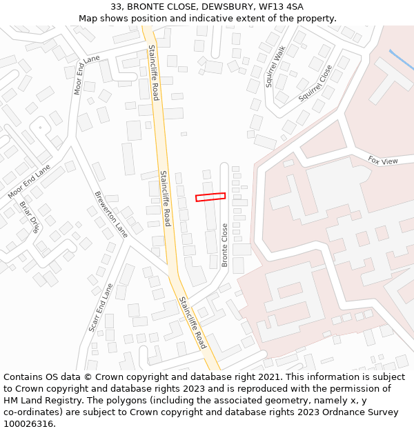 33, BRONTE CLOSE, DEWSBURY, WF13 4SA: Location map and indicative extent of plot