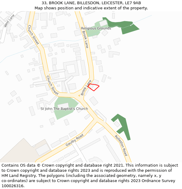 33, BROOK LANE, BILLESDON, LEICESTER, LE7 9AB: Location map and indicative extent of plot