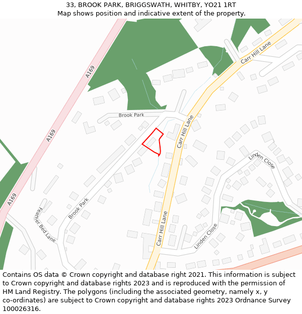 33, BROOK PARK, BRIGGSWATH, WHITBY, YO21 1RT: Location map and indicative extent of plot