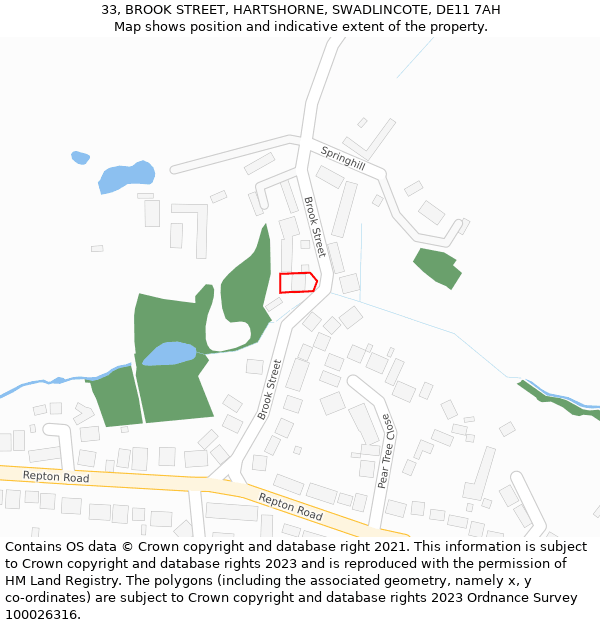 33, BROOK STREET, HARTSHORNE, SWADLINCOTE, DE11 7AH: Location map and indicative extent of plot