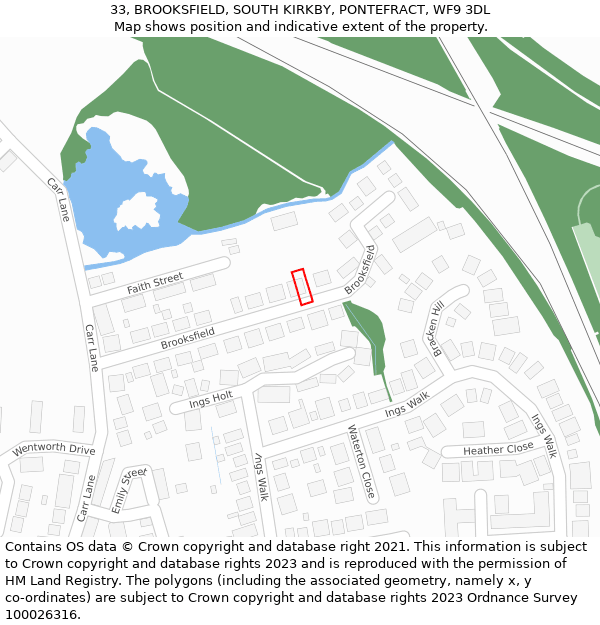 33, BROOKSFIELD, SOUTH KIRKBY, PONTEFRACT, WF9 3DL: Location map and indicative extent of plot