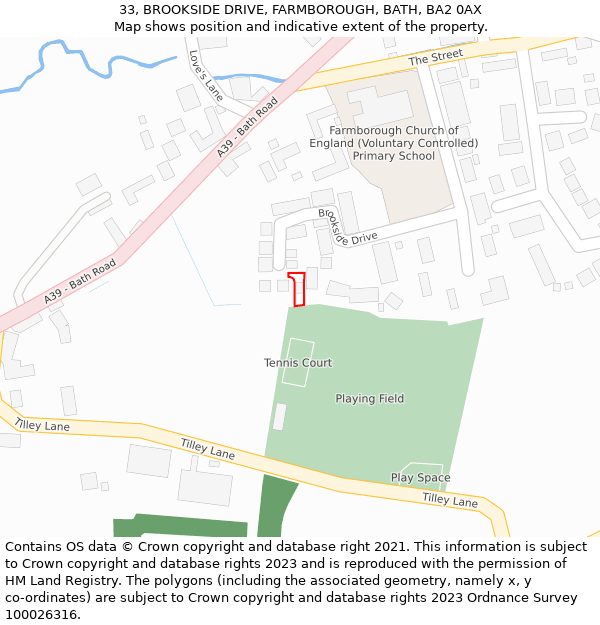 33, BROOKSIDE DRIVE, FARMBOROUGH, BATH, BA2 0AX: Location map and indicative extent of plot