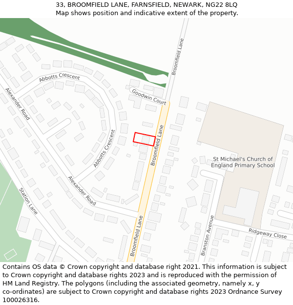 33, BROOMFIELD LANE, FARNSFIELD, NEWARK, NG22 8LQ: Location map and indicative extent of plot