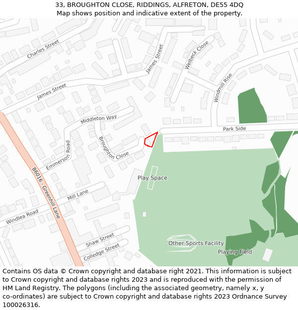 33, BROUGHTON CLOSE, RIDDINGS, ALFRETON, DE55 4DQ: Location map and indicative extent of plot