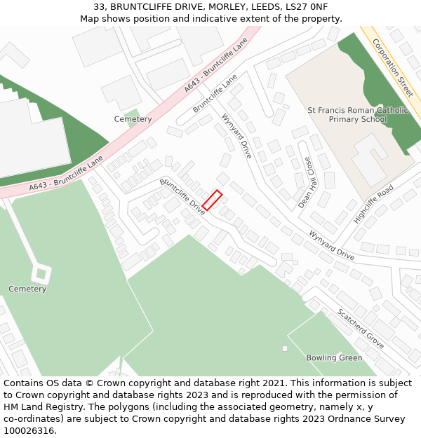 33, BRUNTCLIFFE DRIVE, MORLEY, LEEDS, LS27 0NF: Location map and indicative extent of plot