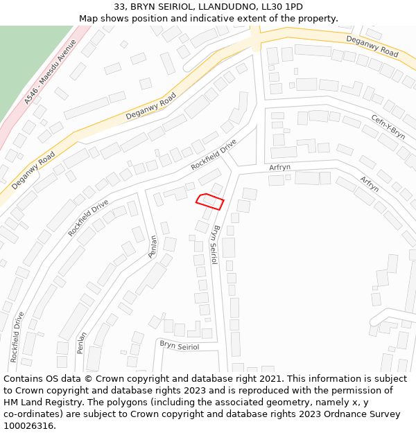 33, BRYN SEIRIOL, LLANDUDNO, LL30 1PD: Location map and indicative extent of plot