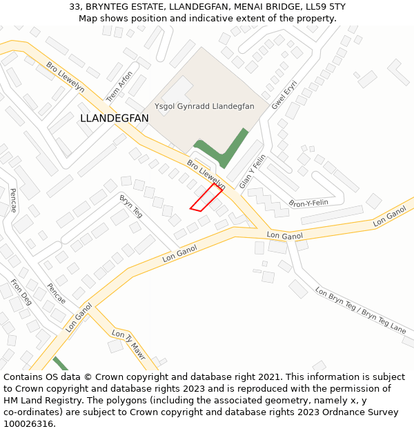 33, BRYNTEG ESTATE, LLANDEGFAN, MENAI BRIDGE, LL59 5TY: Location map and indicative extent of plot