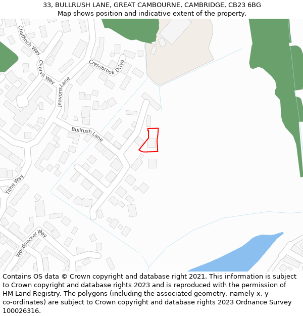 33, BULLRUSH LANE, GREAT CAMBOURNE, CAMBRIDGE, CB23 6BG: Location map and indicative extent of plot