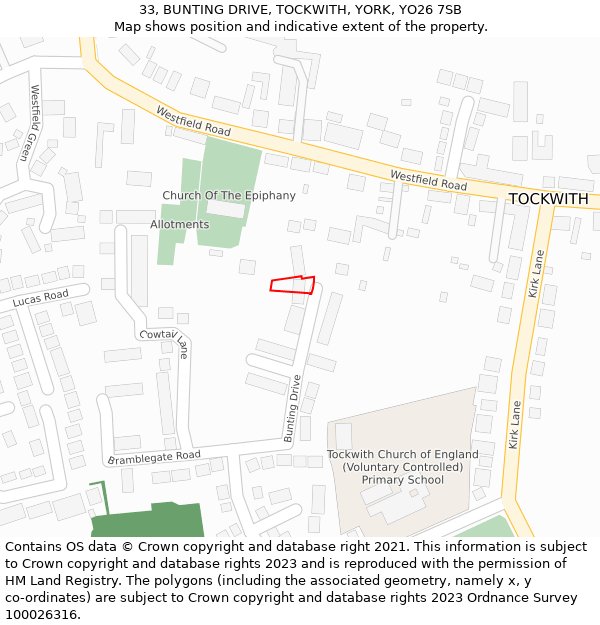 33, BUNTING DRIVE, TOCKWITH, YORK, YO26 7SB: Location map and indicative extent of plot