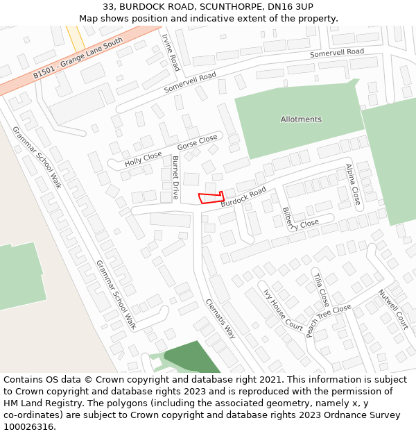 33, BURDOCK ROAD, SCUNTHORPE, DN16 3UP: Location map and indicative extent of plot