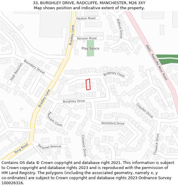33, BURGHLEY DRIVE, RADCLIFFE, MANCHESTER, M26 3XY: Location map and indicative extent of plot