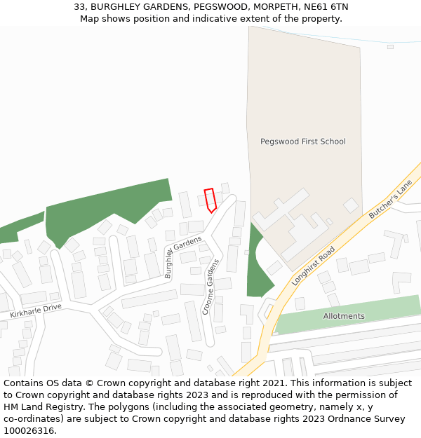 33, BURGHLEY GARDENS, PEGSWOOD, MORPETH, NE61 6TN: Location map and indicative extent of plot