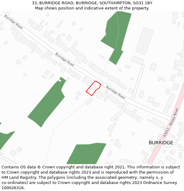 33, BURRIDGE ROAD, BURRIDGE, SOUTHAMPTON, SO31 1BY: Location map and indicative extent of plot