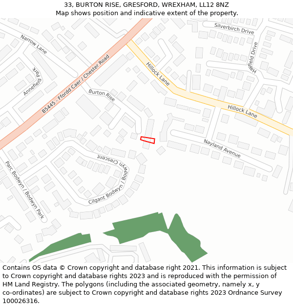 33, BURTON RISE, GRESFORD, WREXHAM, LL12 8NZ: Location map and indicative extent of plot