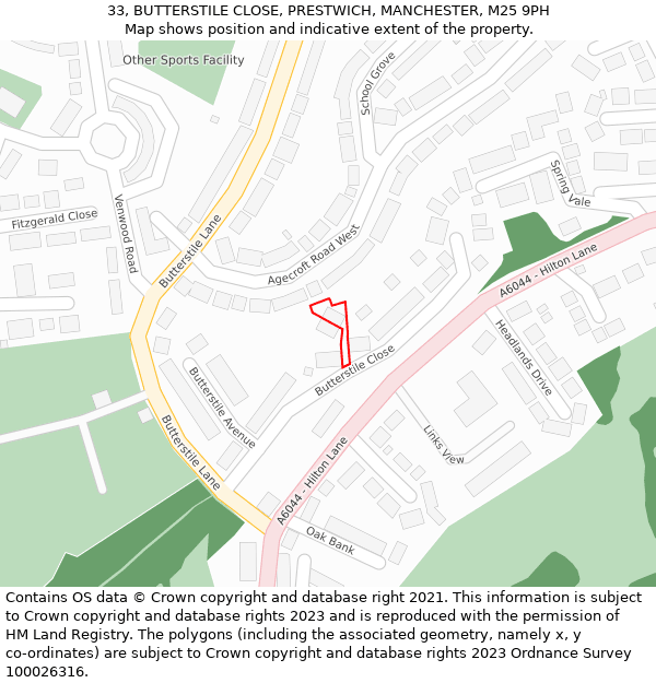 33, BUTTERSTILE CLOSE, PRESTWICH, MANCHESTER, M25 9PH: Location map and indicative extent of plot