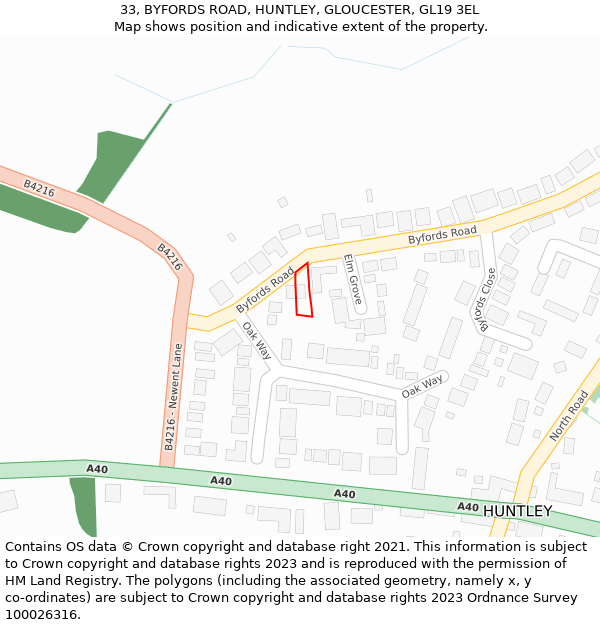 33, BYFORDS ROAD, HUNTLEY, GLOUCESTER, GL19 3EL: Location map and indicative extent of plot