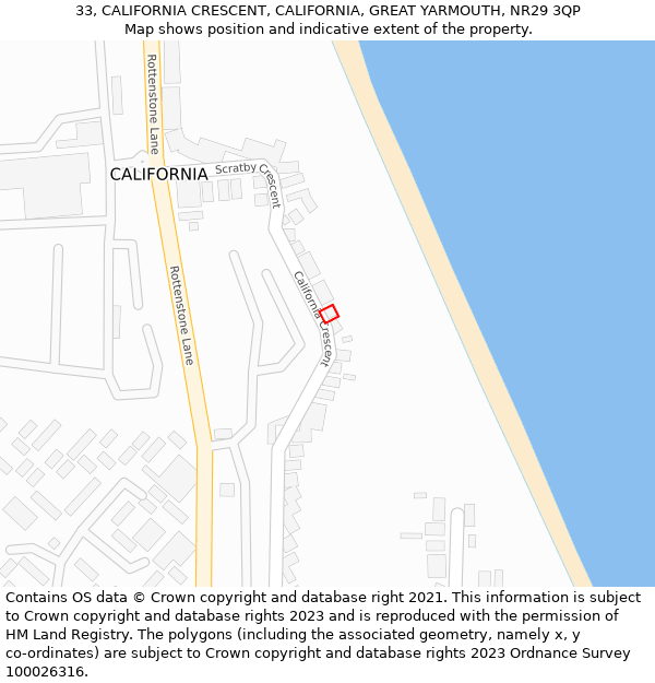 33, CALIFORNIA CRESCENT, CALIFORNIA, GREAT YARMOUTH, NR29 3QP: Location map and indicative extent of plot