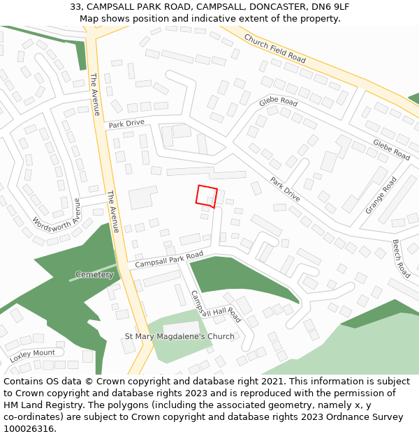 33, CAMPSALL PARK ROAD, CAMPSALL, DONCASTER, DN6 9LF: Location map and indicative extent of plot