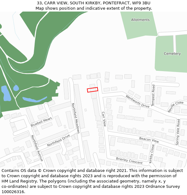 33, CARR VIEW, SOUTH KIRKBY, PONTEFRACT, WF9 3BU: Location map and indicative extent of plot