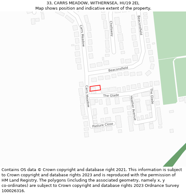 33, CARRS MEADOW, WITHERNSEA, HU19 2EL: Location map and indicative extent of plot