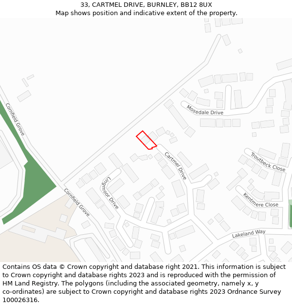 33, CARTMEL DRIVE, BURNLEY, BB12 8UX: Location map and indicative extent of plot