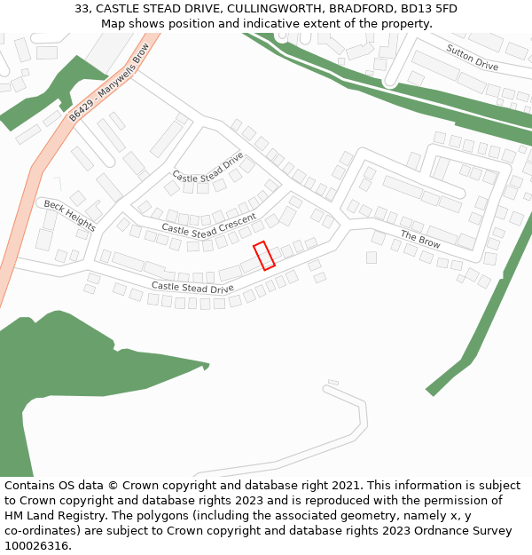 33, CASTLE STEAD DRIVE, CULLINGWORTH, BRADFORD, BD13 5FD: Location map and indicative extent of plot