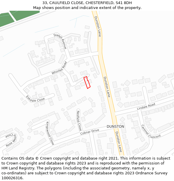 33, CAULFIELD CLOSE, CHESTERFIELD, S41 8DH: Location map and indicative extent of plot