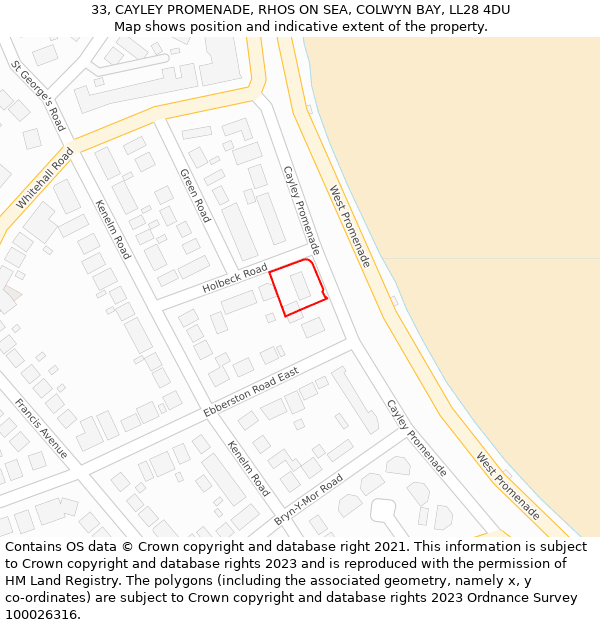 33, CAYLEY PROMENADE, RHOS ON SEA, COLWYN BAY, LL28 4DU: Location map and indicative extent of plot