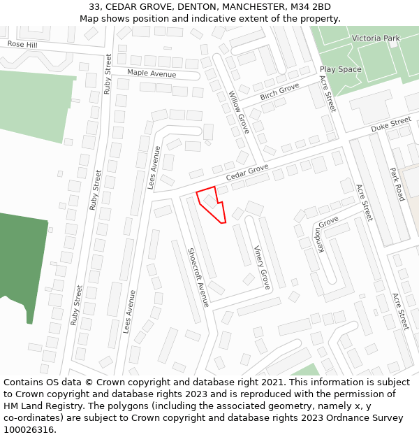 33, CEDAR GROVE, DENTON, MANCHESTER, M34 2BD: Location map and indicative extent of plot