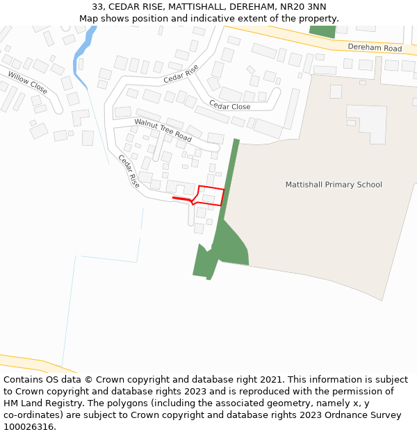 33, CEDAR RISE, MATTISHALL, DEREHAM, NR20 3NN: Location map and indicative extent of plot