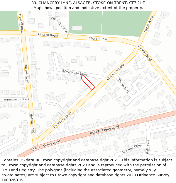 33, CHANCERY LANE, ALSAGER, STOKE-ON-TRENT, ST7 2HE: Location map and indicative extent of plot