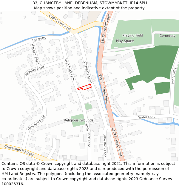 33, CHANCERY LANE, DEBENHAM, STOWMARKET, IP14 6PH: Location map and indicative extent of plot