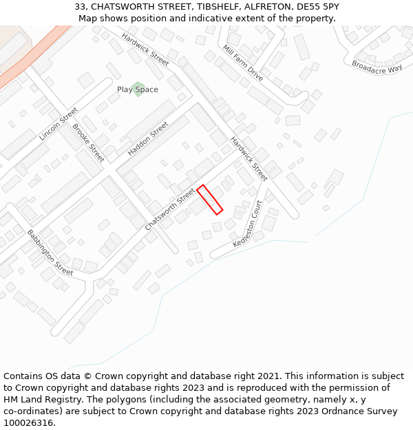 33, CHATSWORTH STREET, TIBSHELF, ALFRETON, DE55 5PY: Location map and indicative extent of plot