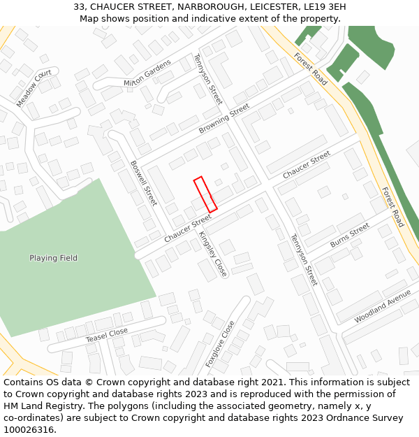 33, CHAUCER STREET, NARBOROUGH, LEICESTER, LE19 3EH: Location map and indicative extent of plot
