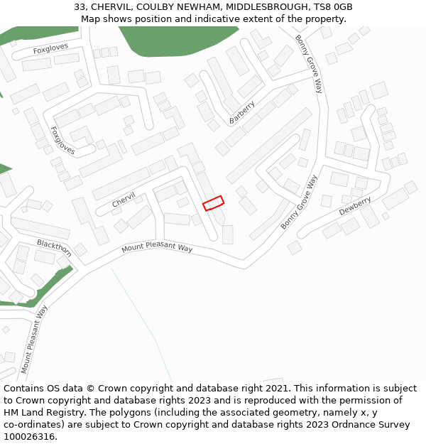 33, CHERVIL, COULBY NEWHAM, MIDDLESBROUGH, TS8 0GB: Location map and indicative extent of plot