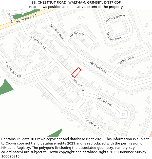 33, CHESTNUT ROAD, WALTHAM, GRIMSBY, DN37 0DF: Location map and indicative extent of plot