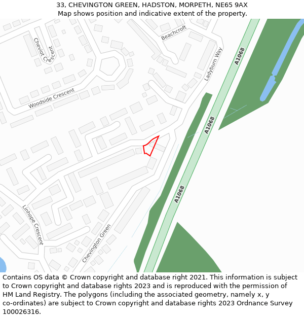 33, CHEVINGTON GREEN, HADSTON, MORPETH, NE65 9AX: Location map and indicative extent of plot