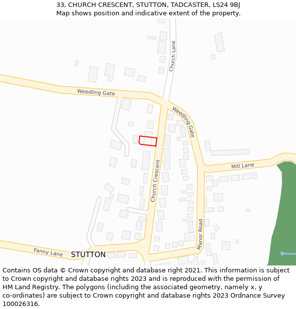 33, CHURCH CRESCENT, STUTTON, TADCASTER, LS24 9BJ: Location map and indicative extent of plot