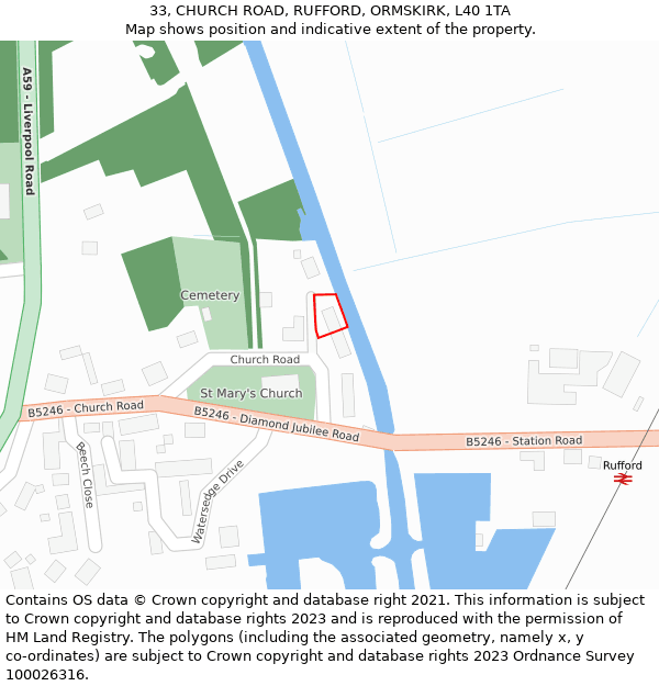 33, CHURCH ROAD, RUFFORD, ORMSKIRK, L40 1TA: Location map and indicative extent of plot