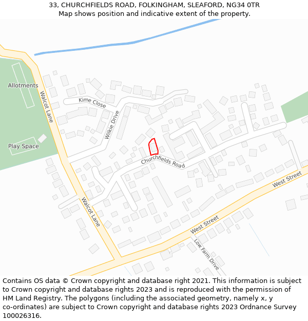 33, CHURCHFIELDS ROAD, FOLKINGHAM, SLEAFORD, NG34 0TR: Location map and indicative extent of plot