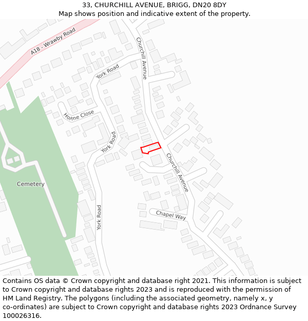 33, CHURCHILL AVENUE, BRIGG, DN20 8DY: Location map and indicative extent of plot