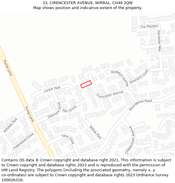 33, CIRENCESTER AVENUE, WIRRAL, CH49 2QW: Location map and indicative extent of plot