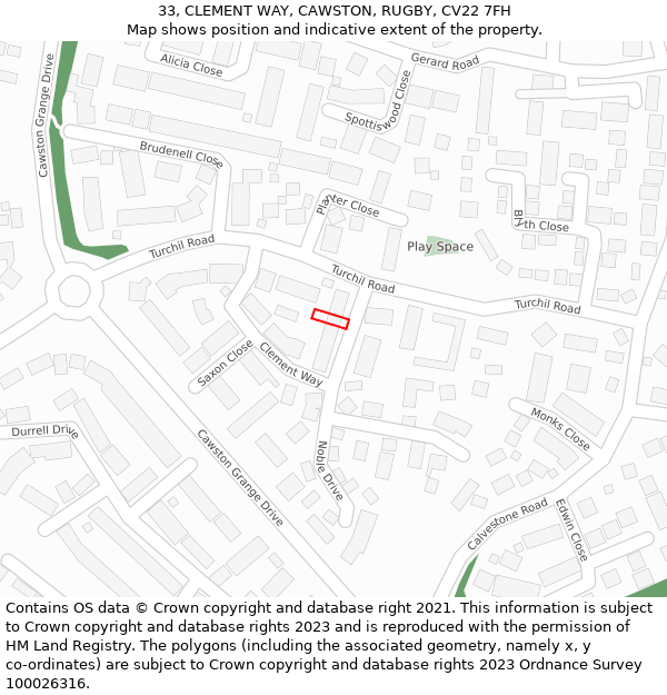 33, CLEMENT WAY, CAWSTON, RUGBY, CV22 7FH: Location map and indicative extent of plot