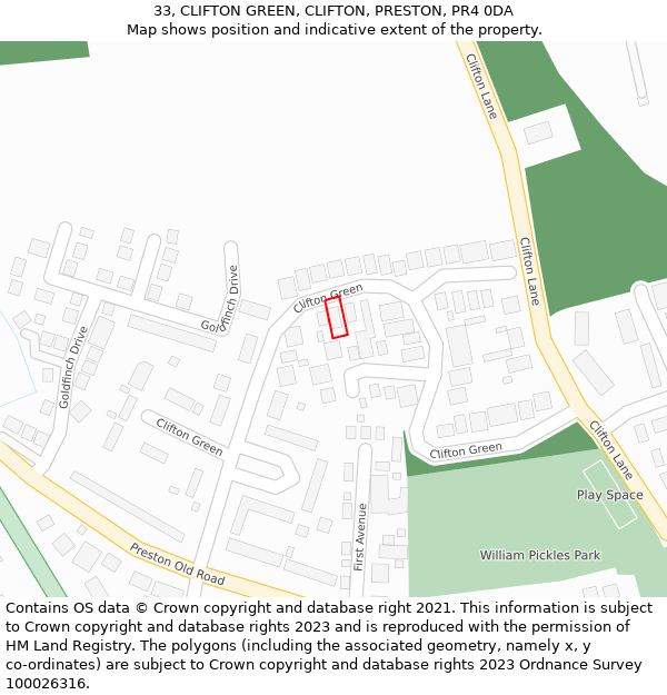 33, CLIFTON GREEN, CLIFTON, PRESTON, PR4 0DA: Location map and indicative extent of plot