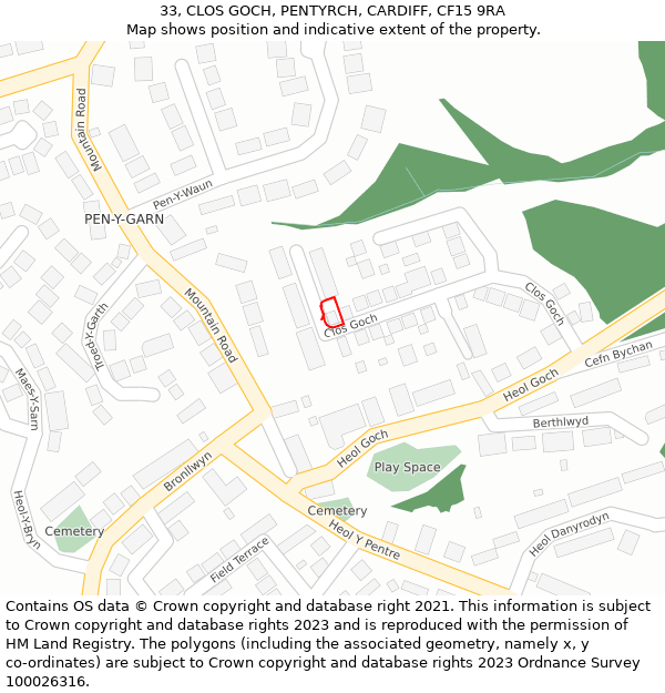 33, CLOS GOCH, PENTYRCH, CARDIFF, CF15 9RA: Location map and indicative extent of plot