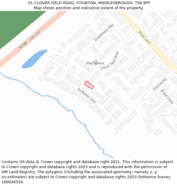 33, CLOVER FIELD ROAD, STAINTON, MIDDLESBROUGH, TS8 9FP: Location map and indicative extent of plot