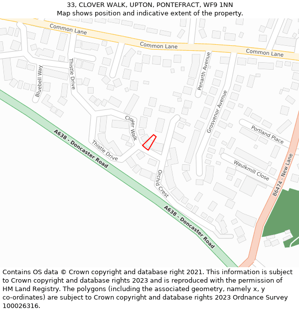 33, CLOVER WALK, UPTON, PONTEFRACT, WF9 1NN: Location map and indicative extent of plot